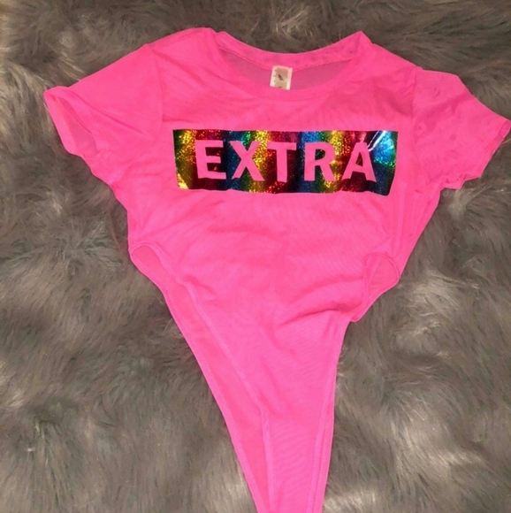 High Cut Short Sleeve Neon Pink Mesh Bodysuit - Picture 6 of 6